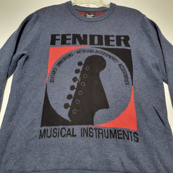 Fender Guitar Lucky Brand Logo Sweatshirt Medium Sweater Men's Blue Long Sleeve - Picture 3 of 10